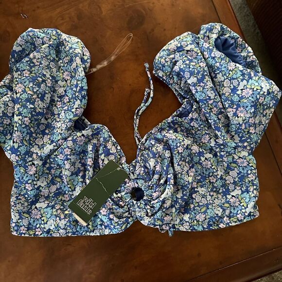 Wild Fable Blue Floral Puff Sleeve Crop Top With Lattice Back NWT Large or XL - Picture 12 of 12